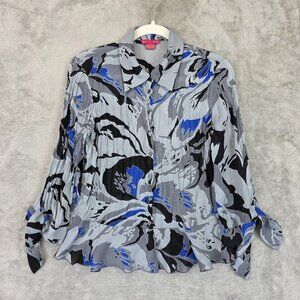 Sunny Leigh Shirt Womens Medium Gray Blue Abstract Pleated Button Front Blouse